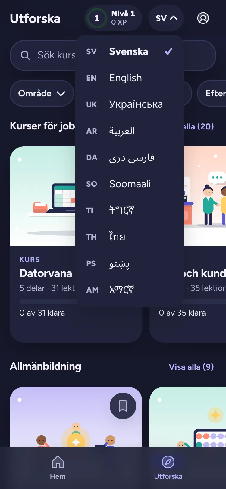Bildad app: course list with the language menu open