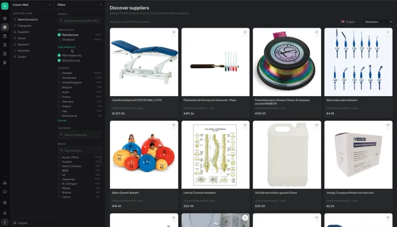 Dropmed supplier hub with product grid and filters