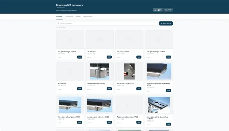 A supplier's webshop with product cards