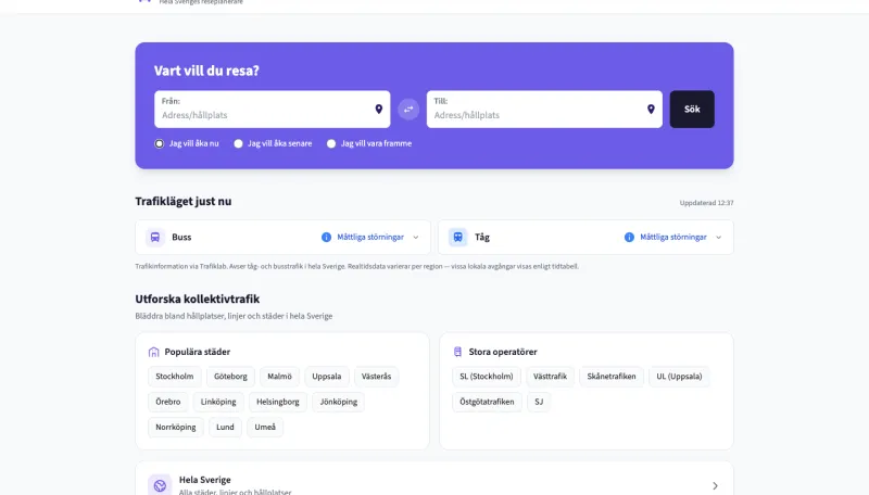 Länstrafik start page with the journey search